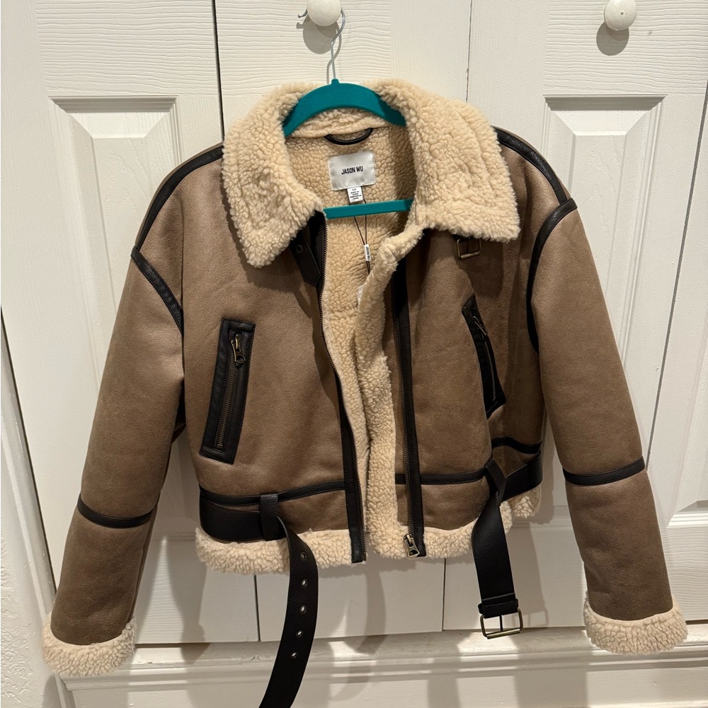 Jason Wu Tan and Cream Shearling Aviator Jacket